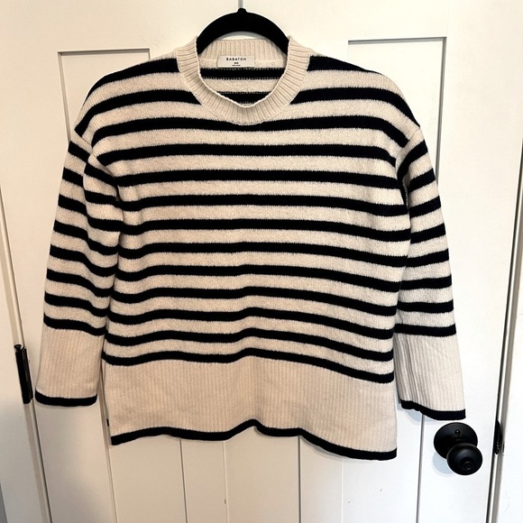 Aritzia Sweaters - Aritzia Babaton Striped Navy Crew Neck 100% Merino Wool Sweater Size 2XS
